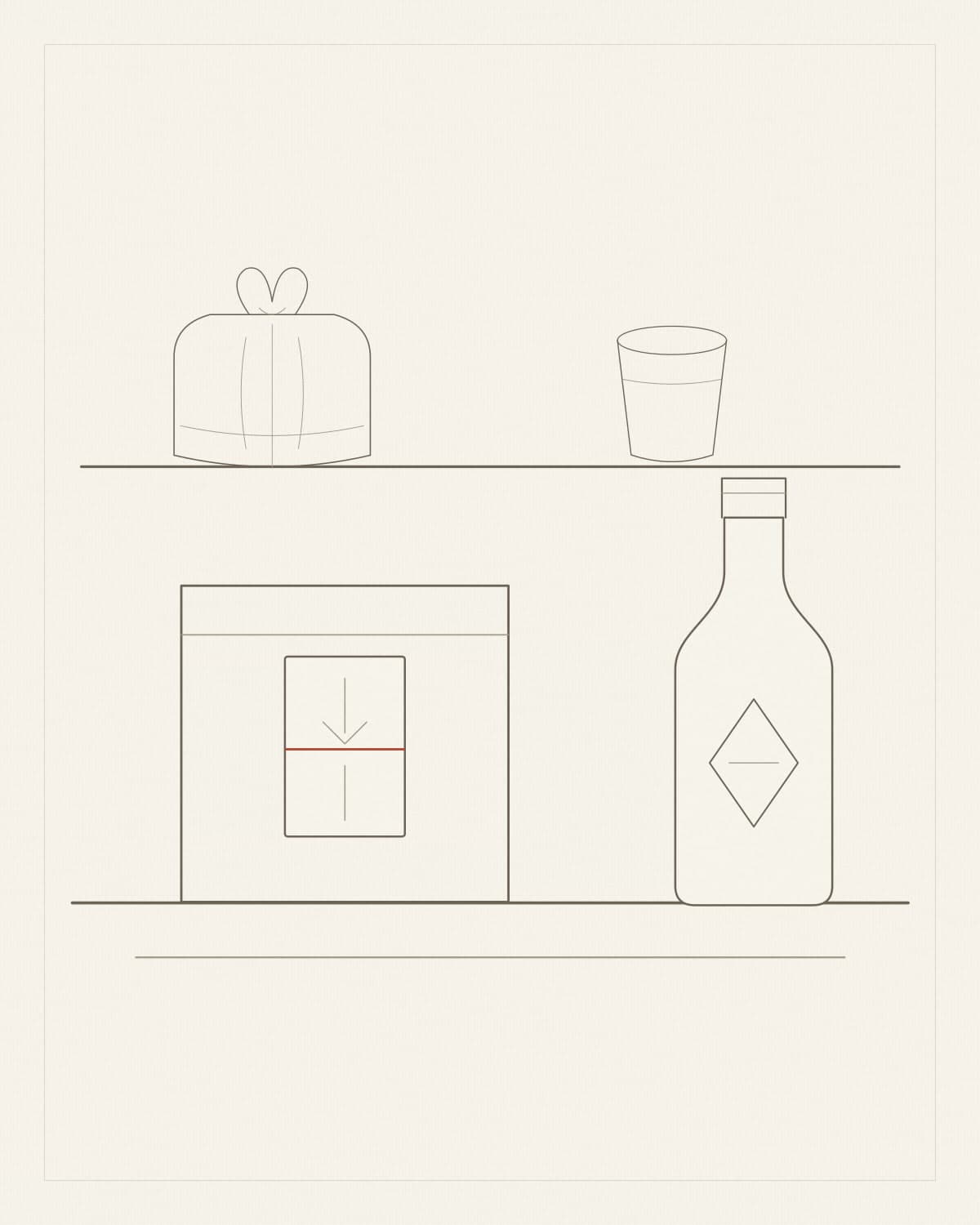 A line drawing of a sake bottle, a presentation box, a noshi slip and a knotted furoshiki laid out on paper