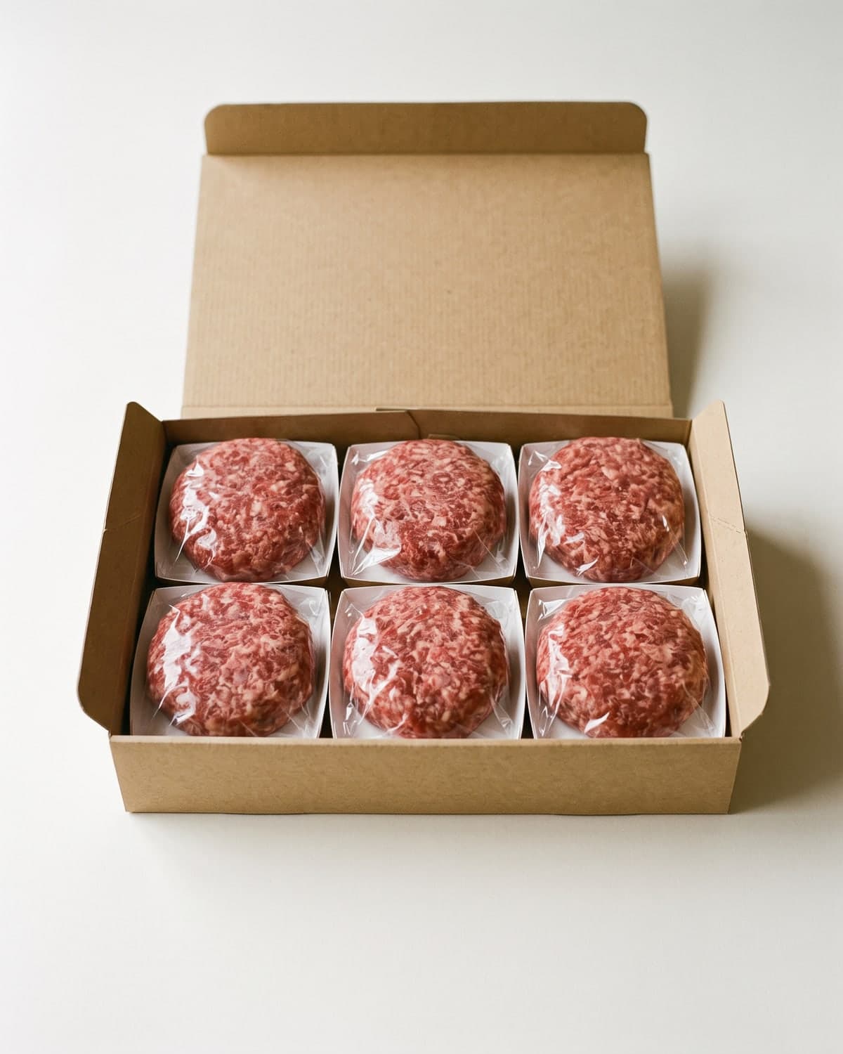 A gift box holding six individually wrapped wagyu hamburg steaks